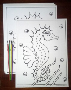 Additional 4-pak of Seahorse Outlines on Water Color Paper + 4 Brushes + 4 Invitations